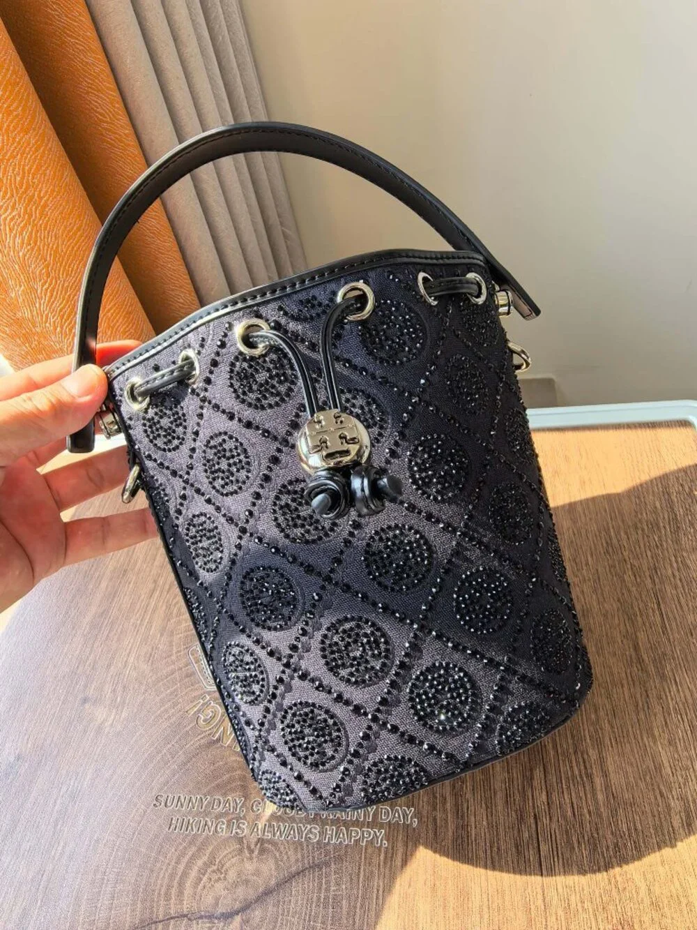 Tory Burch Black Rhinestone Monogram Mini Bucket Bag Two Straps
